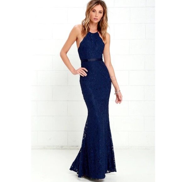 LULUS Zenith Cocktail Halter Neck Lace Maxi Dress in Navy Blue Size M - Picture 3 of 5